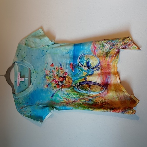 Leoma Lovegrove Shirt Colorful  Short Sleeve Bicycle/Basket Of Flowers PS - Picture 6 of 13